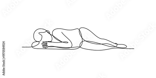 A continuous line drawing of a person lying down on their side while peacefully resting in bed Vector, illustration