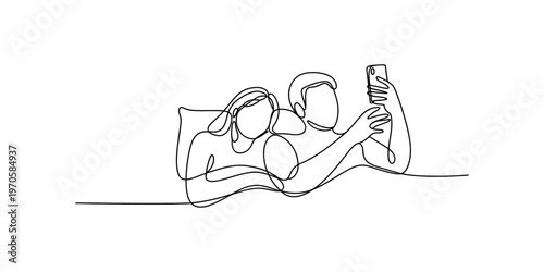 A continuous line drawing of a loving couple lying together in bed while taking a selfie photo Vector, illustration