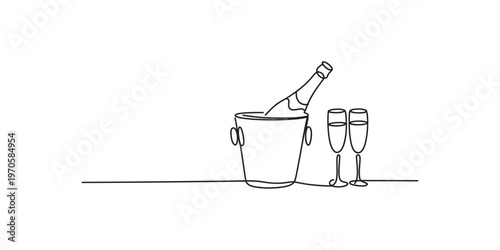 A single line drawing illustration of a champagne bottle in a bucket with two empty glass flutes Vector, illustration
