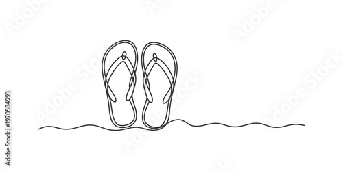 A continuous one line drawing of a pair of flip flops resting on the sandy beach shoreline surface Vector, illustration