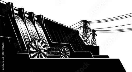 Hydroelectric dam silhouette with turbine and power lines
