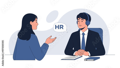 HR interview, job applicant talking to hr manager with headphones, business meeting