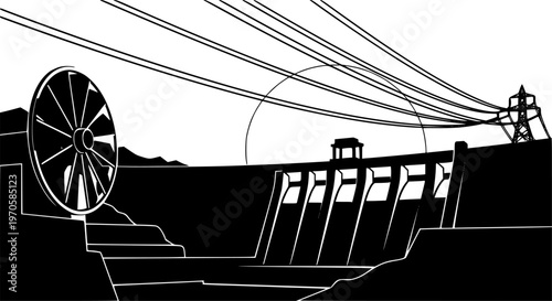 Hydroelectric dam silhouette with turbine and power lines
