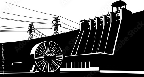 Hydroelectric dam silhouette with turbine and power lines
