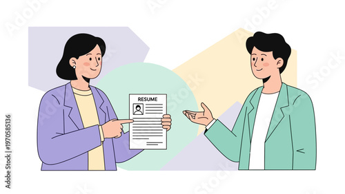 Job Interview: Woman Shows Resume to Man, Discussing Career Opportunities