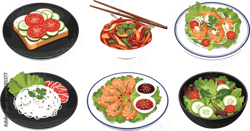 Asian Cuisine Food Dishes Illustration Set with Shrimp Salad, Rice Meal, Spicy Noodles and Vegetable Toast Vector Collection