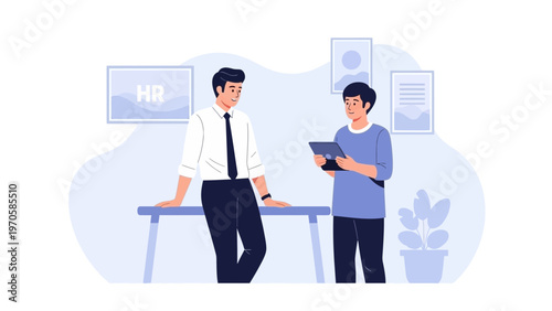 HR Manager Discussing Work with Employee Holding Tablet in Modern Office