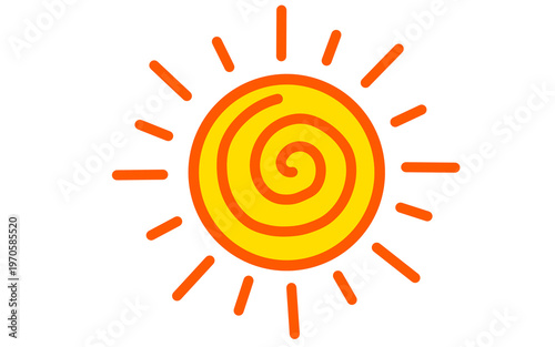 Spiral sun icon vector illustration isolated on white background, cute hand drawn yellow and orange sun symbol for summer and weather forecast concepts.