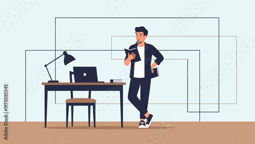 Young man reading book at desk with laptop, modern office interior, creative workspace