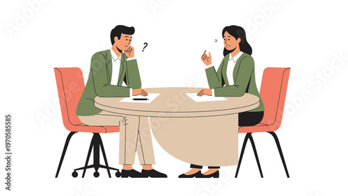 Business meeting confusion, man and woman discuss, question mark, office collaboration