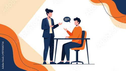 Business meeting: two people discussing ideas at a desk with speech bubble
