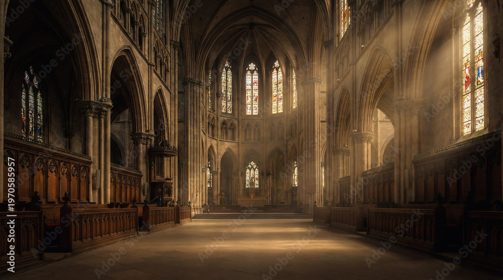 Obraz premium Interior of Magnificent Gothic Cathedral with Sunlight Streaming through Stained Glass Windows