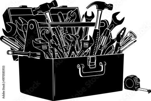 Silhouette of open toolbox with various tools
