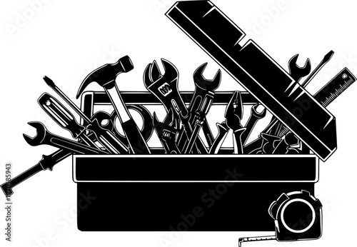 Silhouette of open toolbox with various tools

