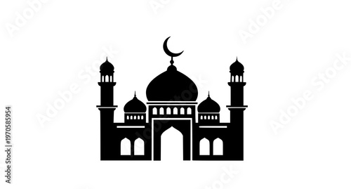 minimalist black silhouette of a mosque with a crescent moon on top, set against a white background.