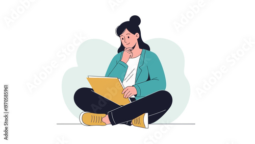Young woman sitting cross-legged with laptop, thinking, modern flat illustration