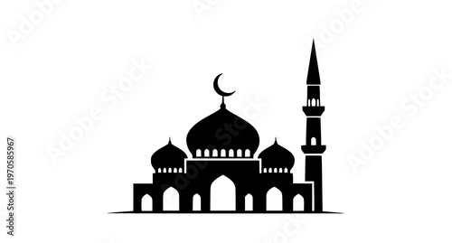 A minimalist black silhouette of a mosque with a crescent moon on top, set against a white background.