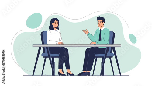 Business Meeting: Man and Woman Discussing at Table, Modern Office Illustration