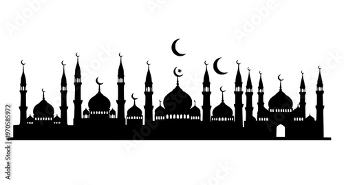 A black silhouette of a mosque with domes and minarets against a white background