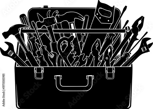 Silhouette of open toolbox with various tools
