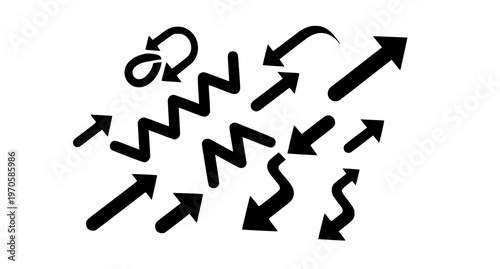 A vector graphic illustration of multiple black arrows pointing in different directions on a white background