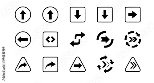 A set of black and white directional arrows and symbols for navigation and design
