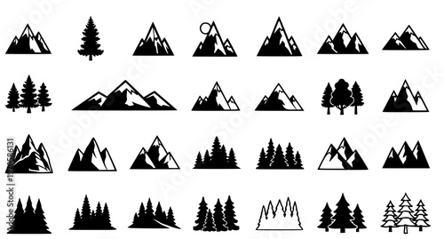 A collection of minimalist mountain and tree silhouettes in a flat vector graphic design