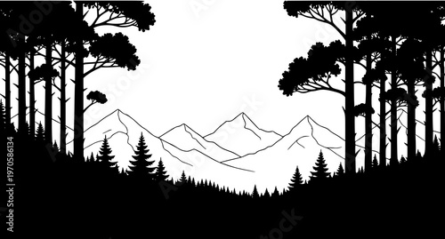 A minimalist vector graphic illustration of a mountain range with trees in the foreground