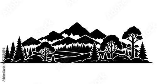 A minimalist black and white vector graphic illustration of a mountain landscape with trees