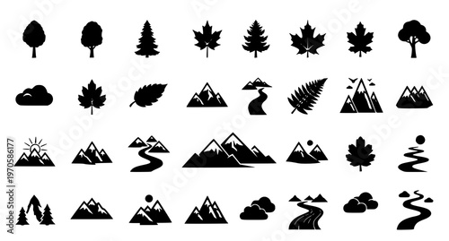 A collection of black silhouette icons depicting various nature and landscape elements