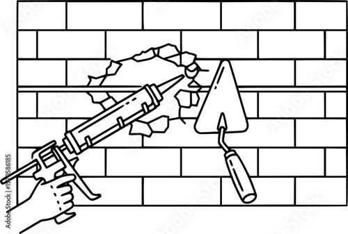 Construction tools and brick wall repair icon featuring caulking gun and trowel
