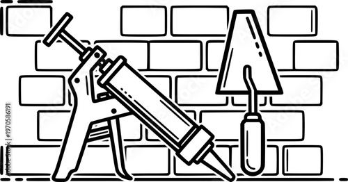 Construction tools and brick wall repair icon featuring caulking gun and trowel
