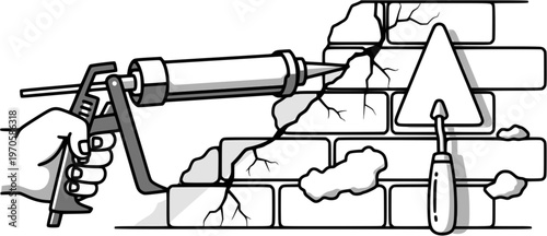 Construction tools and brick wall repair icon featuring caulking gun and trowel
