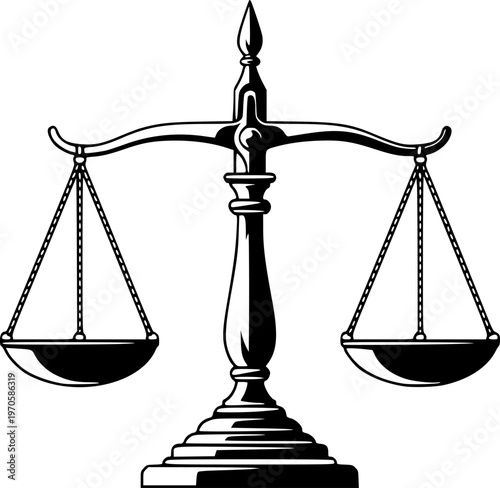Balanced scales of justice silhouette on white background
