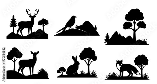 A set of black silhouette icons featuring various forest animals and trees on a white background