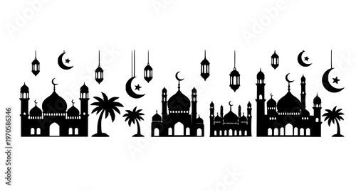 A black silhouette of mosques and palm trees with hanging lanterns and crescent moons on a white background