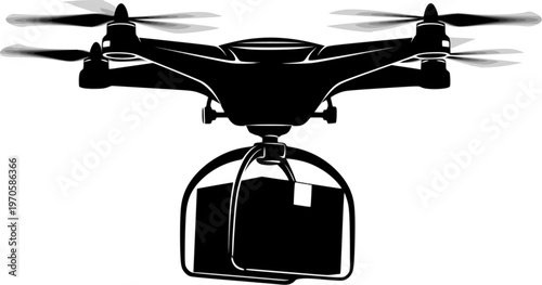 Drone delivering package silhouette on white background

