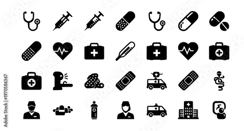 A set of black and white medical icons on a clean white background