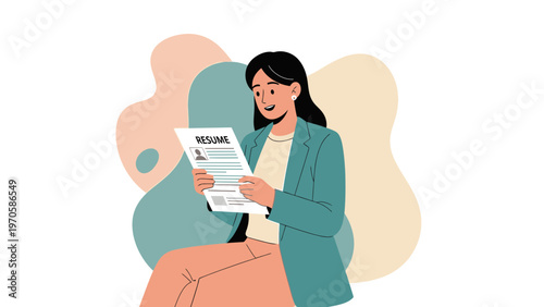 Woman reviewing resume with photo and text, job application, career choice, interview preparation