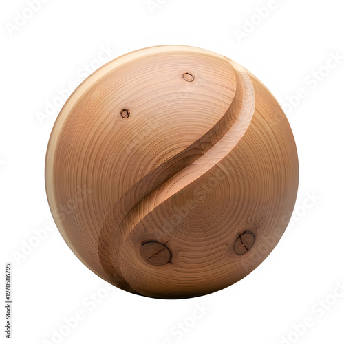 A smooth polished sphere carved from natural wood featuring a curved groove that forms a classic yin and yang symbol isolated on transparent background
