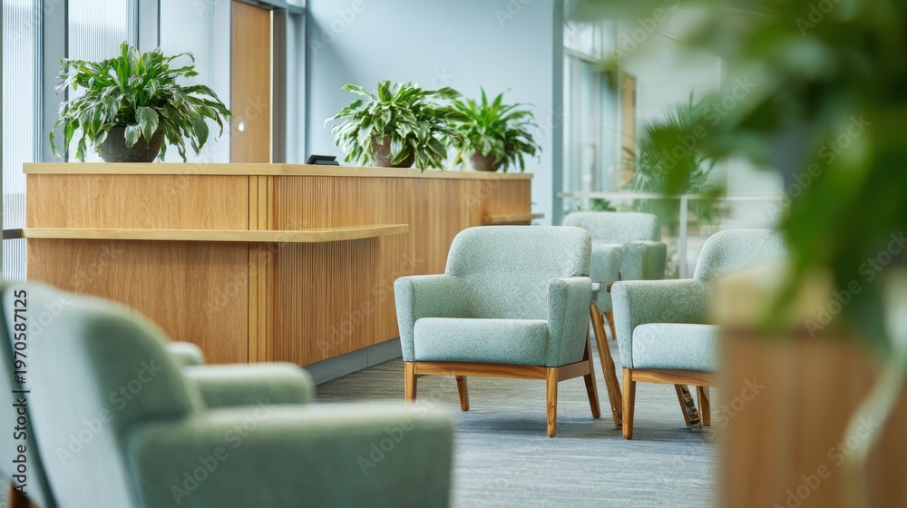 Fototapeta premium Medium shot of a family practice waiting room featuring a welcoming reception desk cozy armchairs and calming green plants sharp in focus with a softly outoffocus surrounding.