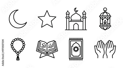 Eid al-Fitr and Eid al-Adha icons, mosque, lantern, crescent, Quran, prayer beads, doorway, devotion