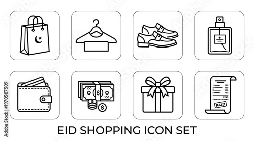 Eid shopping icons, clothes, shoes, perfume, wallet, money, gifts, receipt, festive joy, celebration