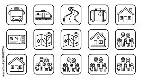Eid travel icons, bus, train, road, suitcase, house, family, map, ID card, unity, festive journey