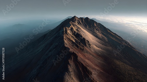 Aerial view of dramatic volcanic mountain peak with rugged terrain 