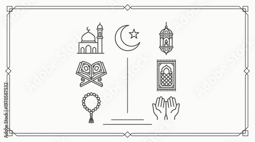 Eid al-Fitr and Eid al-Adha icons, mosque, lantern, crescent, Quran, prayer beads, doorway, devotion