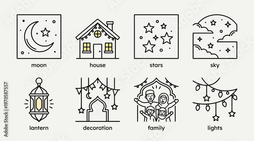 Eid icons, crescent, stars, mosque, lanterns, family, banners, fireworks, lights, joy, unity, blessings