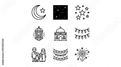 Eid icons, crescent, stars, mosque, lanterns, family, banners, fireworks, lights, joy, unity, blessings