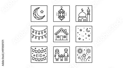 Eid icons, crescent, stars, mosque, lanterns, family, banners, fireworks, lights, joy, unity, blessings