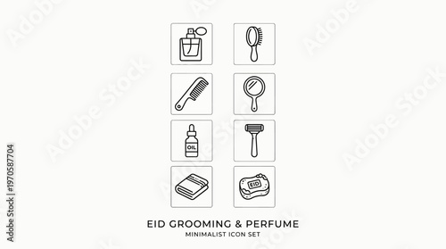 Eid grooming icons, perfume, razor, mirror, towel, soap, hairbrush, hygiene, fragrance, festive care